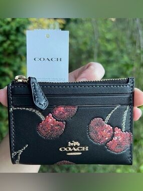 COACH Mini Skinny Id Case Cardholder Wallet w Cherry Print NWT AUTHENTIC